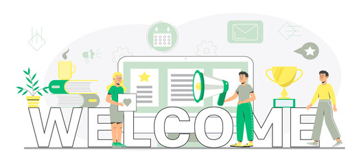 Welcome concept flat vector for website, header. Happy tiny people are near huge text. Cartoon office teamwork and are greeting clients in online office, shop