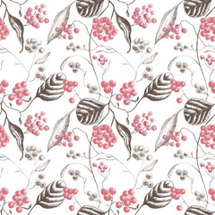 Seamless pattern with berries, leaves and flowers in vintage style for wallpaper, linens, clothes, design, greeting cards. Rowan blossom