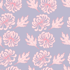 Seamless pattern with a print of pink chrysanthemums and leaves on a lilac background.