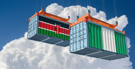 Freight containers with Kenya and Nigeria national flags. 3D Rendering 