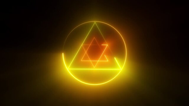Esoteric 3d render triangle with glowing lines and star david. Occult bright geometric pentacle that ignites in mystical witchcraft fire. Polygonal alchemical talisman with pagan symbols.
