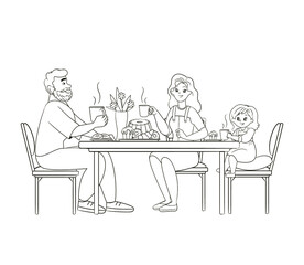 Coloring book family big table drinking tea mom dad little daughter vector illustration children black white line art