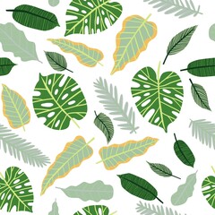 Hand drawn tropical leaves vector seamless pattern. Green leafy jungle background. Botanical rainforest foliage backdrop. Exotic flat print design isolated on white. Fabric, textile, wallpaper art