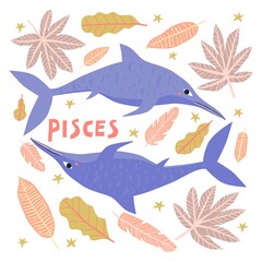 Pisces dinosaur cartoon character vector illustration. Jurassic reptile astrology zodiac sign isolated on white background. Funny hand drawn ichthyosaur. Creative childish t shirt, poster print design