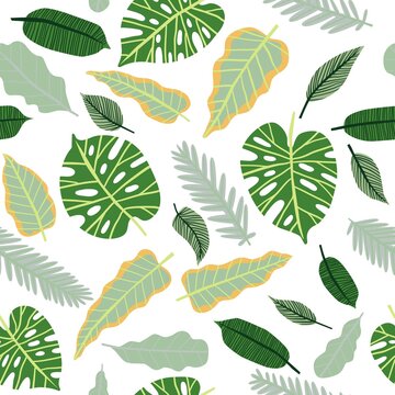 Hand drawn tropical leaves vector seamless pattern. Green leafy jungle background. Botanical rainforest foliage backdrop. Exotic flat print design isolated on white. Fabric, textile, wallpaper art
