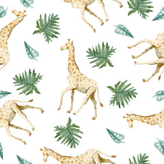 Watercolor seamless pattern with giraffes and leaves