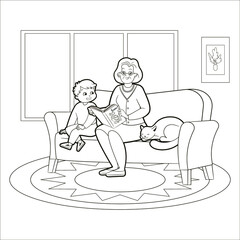 Coloring book, grandma reading a book to her grandson sitting on the couch. Vector illustration, black and white line art for kids