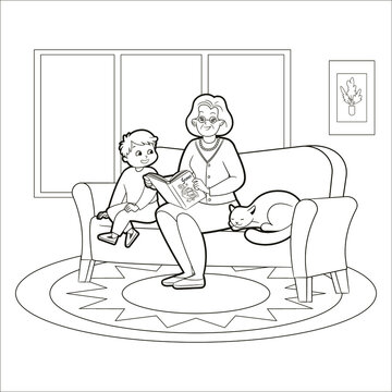 Coloring book, grandma reading a book to her grandson sitting on the couch. Vector illustration, black and white line art for kids