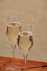 Prosecco, sparkling italian white wine from Valdobbiadene, velvet background; happy hour at home, homemade drink