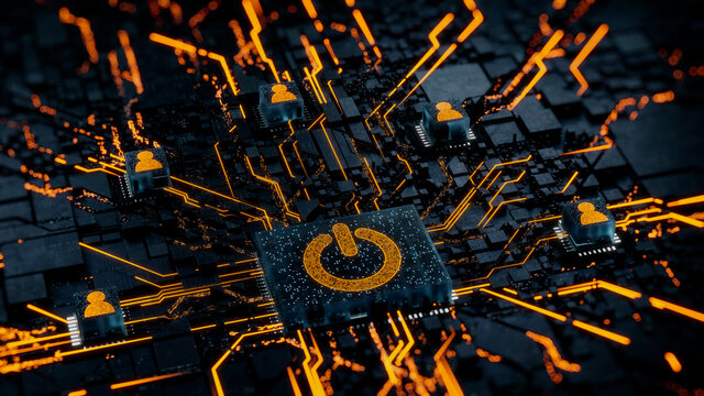 Activate Technology Concept with power symbol on a Microchip. Orange Neon Data flows between Users and the CPU across a Futuristic Motherboard. 3D render.