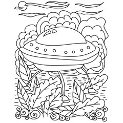 UFO in the bush coloring page, outline illustration of a spaceship hidden in the bush