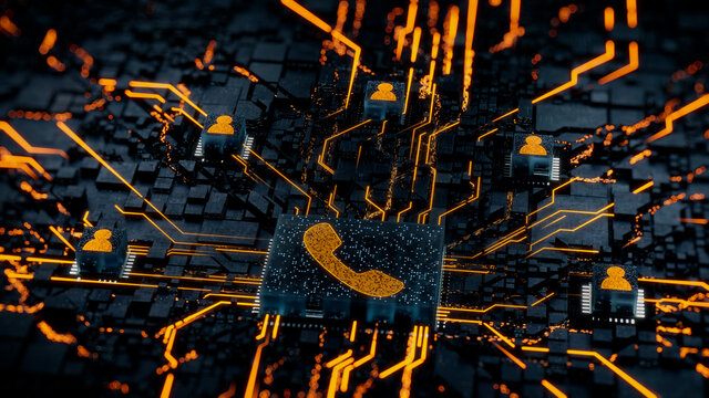 Communication Technology Concept with phone symbol on a Microchip. Orange Neon Data flows between Users and the CPU across a Futuristic Motherboard. 3D render.