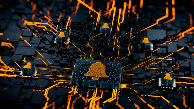 Alert Technology Concept with bell symbol on a Microchip. Orange Neon Data flows between Users and the CPU across a Futuristic Motherboard. 3D render.