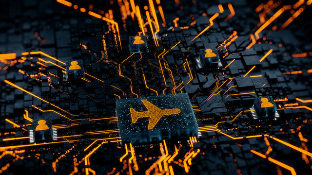 Flight Technology Concept with airplane symbol on a Microchip. Orange Neon Data flows between Users and the CPU across a Futuristic Motherboard. 3D render.