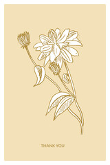 Hand drawn "Thank you" post card with flowers on the yellow background. Floral greeting card template. Vector sketch style botanical illustration.