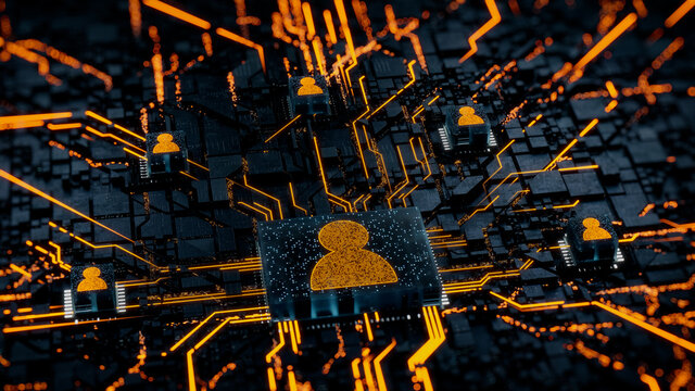 Social Technology Concept with user symbol on a Microchip. Orange Neon Data flows between Users and the CPU across a Futuristic Motherboard. 3D render.