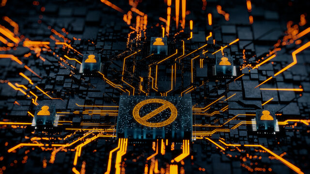Restricted Access Technology Concept with Prohibition symbol on a Microchip. Orange Neon Data flows between Users and the CPU across a Futuristic Motherboard. 3D render.