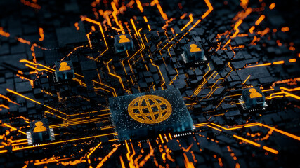 Internet Technology Concept with web symbol on a Microchip. Orange Neon Data flows between Users and the CPU across a Futuristic Motherboard. 3D render.
