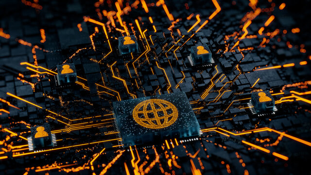 Internet Technology Concept with web symbol on a Microchip. Orange Neon Data flows between Users and the CPU across a Futuristic Motherboard. 3D render.