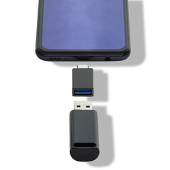 Phone on a white background data transfer via a universal USB flash drive adapter