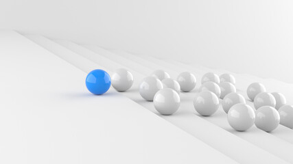 Leadership concept, blue leader ball, standing out from the crowd of white balls. 3D Rendering