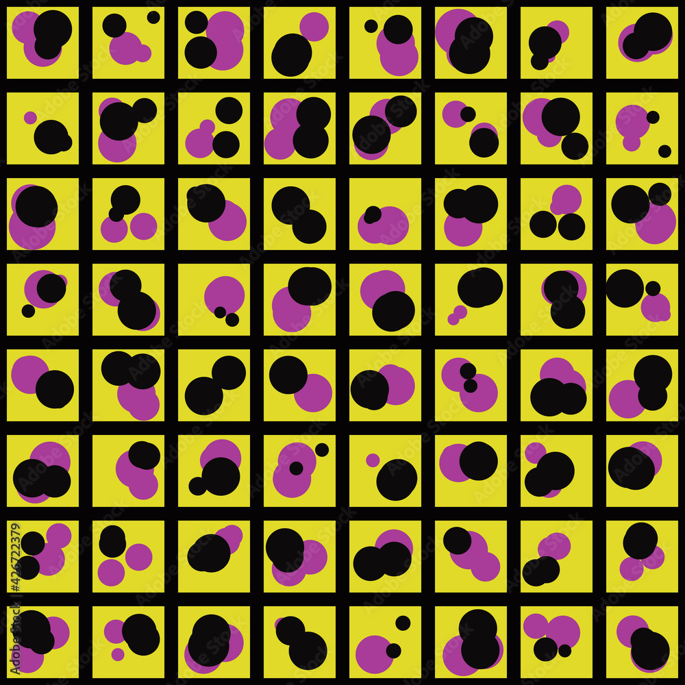 Poster abstract tile with circles. same pink and yellow ornament. vector bright squares.