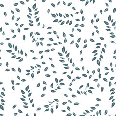 Vector seamless pattern with blue hand drawn branch and leaves on white background.