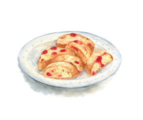 Watercolor illustration of the plate with Italian biscotti. Painting with watercolor shadow underneath on white background. Good for stationery and cafe design. 