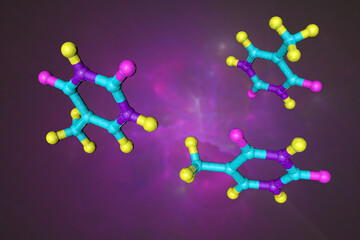 Molecular model of thymine one of the four main bases found in DNA and RNA, along with adenine, cytosine and guanine. Scientific background. 3d illustration