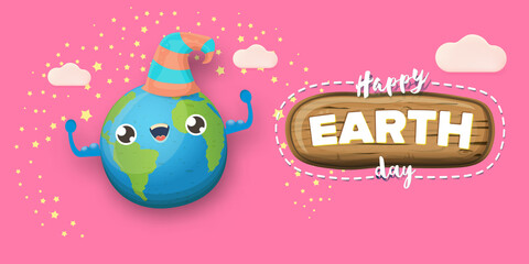 Cartoon earth day horizontal banner with cute smiling earth planet character with funny hat isolated on pink sky background. Eath day concept horizontal design template with funny kawaii earth globe