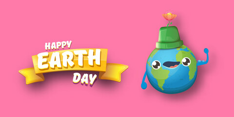 Cartoon earth day horizontal banner with cute smiling earth planet character with funny hat isolated on pink sky background. Eath day concept horizontal design template with funny kawaii earth globe