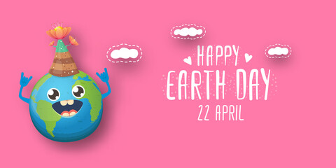 Cartoon earth day horizontal banner with cute smiling earth planet character with funny hat isolated on pink sky background. Eath day concept horizontal design template with funny kawaii earth globe