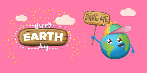 Cartoon earth day horizontal banner with cute smiling earth planet character with funny hat isolated on pink sky background. Eath day concept horizontal design template with funny kawaii earth globe