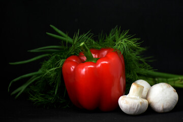 Still life of vegetables on black background,cover for banners and food inustry