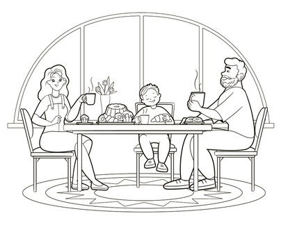 Coloring book mom, dad and son drinking tea and eating sweets at the big table.Vector illustration for children, black and white line art