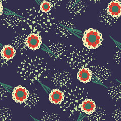 Bright folk flowers random print seamless pattern in hand drawn doodle style. Navy blue background with splashes.