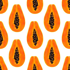 Seamless pattern with papaya slices. Hand drawn papaya fruit isolated on white background.  