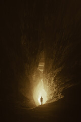 man in cave tunnel, fantasy landscape © andreiuc88