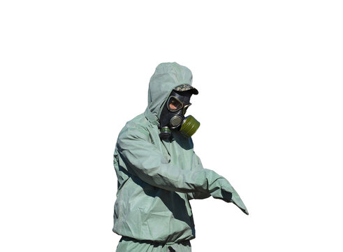 Unidentified person in a chemical protection suit and a gas mask on a white background.
