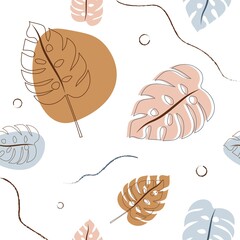 Botanical seamless pattern with monstera leaves. Vector background in pastel colors. Tropical floral pattern with linear leaves and abstract shapes. For printing on packaging, fabric, cover.