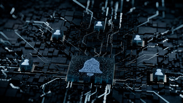 Alert Technology Concept with bell symbol on a Microchip. White Neon Data flows between Users and the CPU across a Futuristic Motherboard. 3D render.
