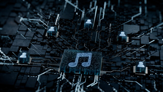 Audio Technology Concept with music symbol on a Microchip. White Neon Data flows between Users and the CPU across a Futuristic Motherboard. 3D render.