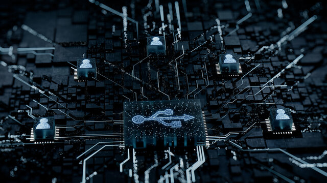 Interface Technology Concept with usb symbol on a Microchip. White Neon Data flows between Users and the CPU across a Futuristic Motherboard. 3D render.