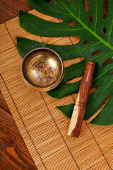 Tibetan singing bowl. Tibetian inscription - mantra 