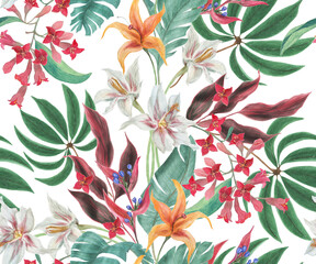 Watercolor painting botanical seamless pattern with exotic flowers on white background