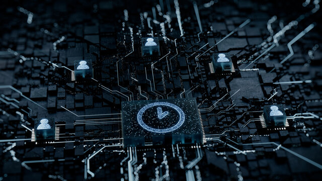 Time Technology Concept with clock symbol on a Microchip. White Neon Data flows between Users and the CPU across a Futuristic Motherboard. 3D render.
