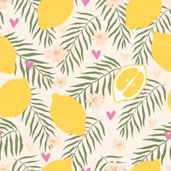 Summer lemon citrus fruit seamless pattern background. Bright print for fabric,wallpaper, design.Scandinavian doodle style. Vector illustration.Tropical ornament with flowers, lemons, palm leaves.