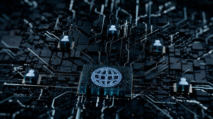 Internet Technology Concept with web symbol on a Microchip. White Neon Data flows between Users and the CPU across a Futuristic Motherboard. 3D render.