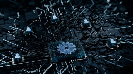 Configure Technology Concept with cog symbol on a Microchip. White Neon Data flows between Users and the CPU across a Futuristic Motherboard. 3D render.