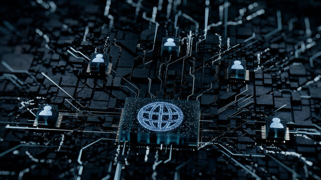 Internet Technology Concept with web symbol on a Microchip. White Neon Data flows between Users and the CPU across a Futuristic Motherboard. 3D render.